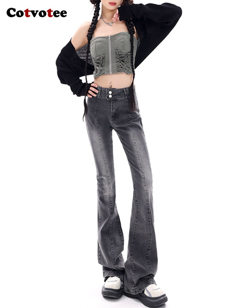 Cotvotee Women Jeans 2 Button Flare Pants Stretch Spliced Slim Fit 2022 New Autumn Fashion Y2k Pants Streetwear Fema